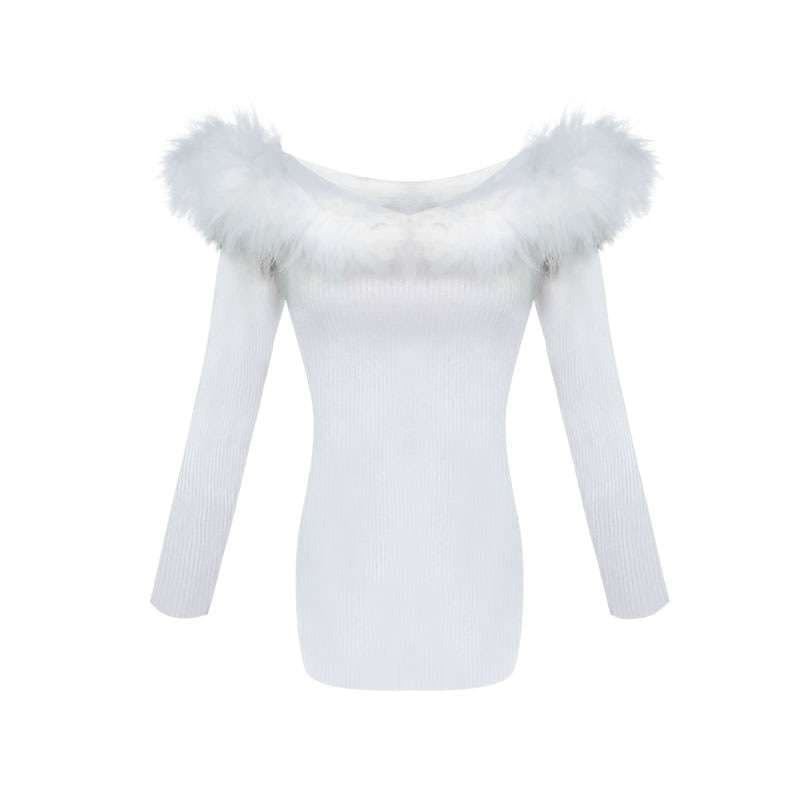 ミニワンピース オフショルダーファー付きニットミニワンピース