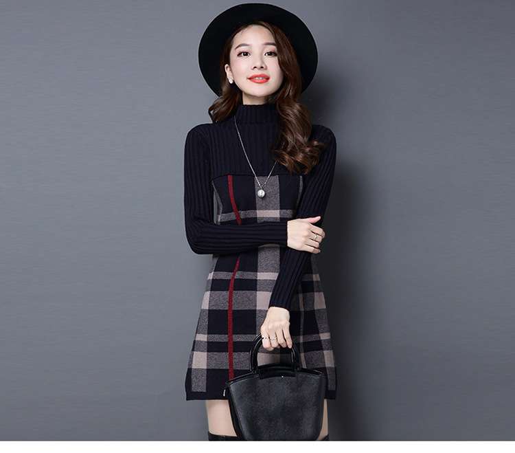 ミニワンピース チェック柄タートルネックワンピース