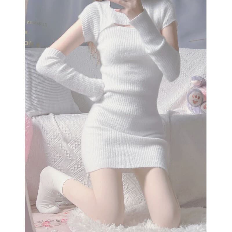 リブニット袖付きミニワンピース