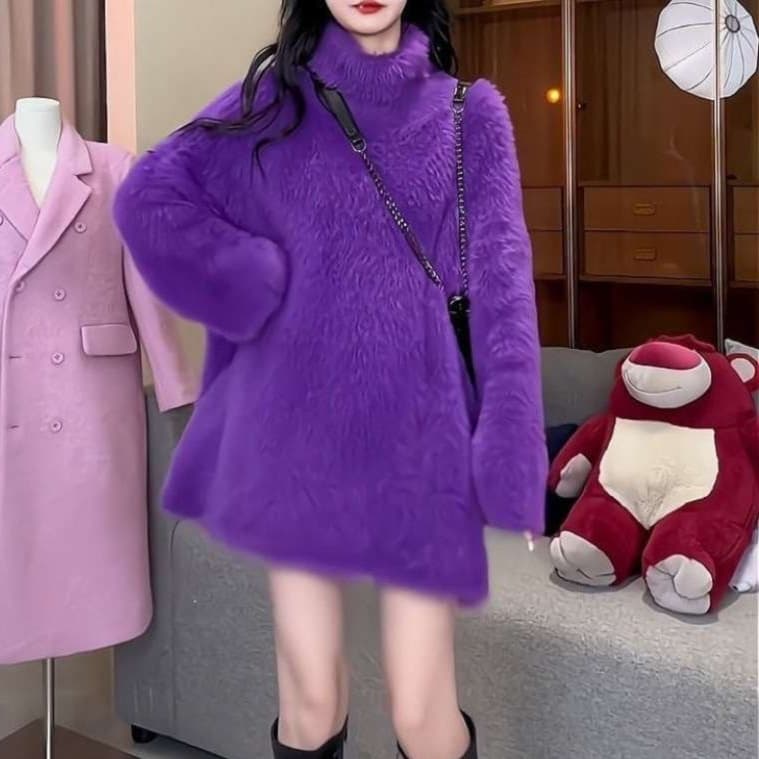ミニワンピース ふわもこ タートルネックニットワンピ ゆったりシルエットサイズ