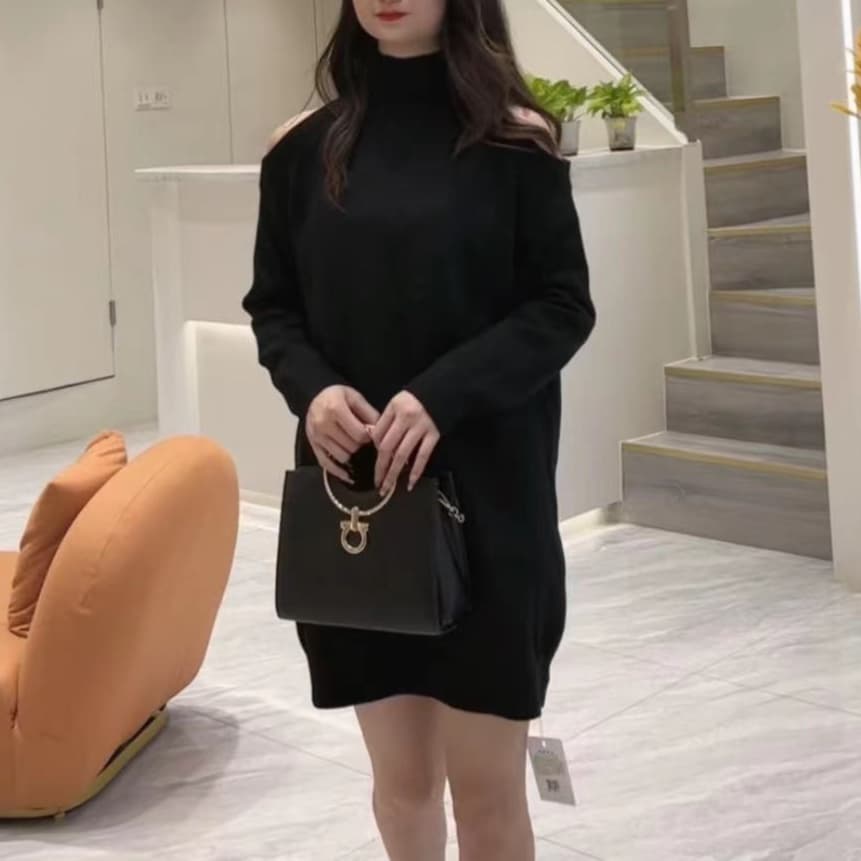 シースルーショルダー タートルニットミニワンピース