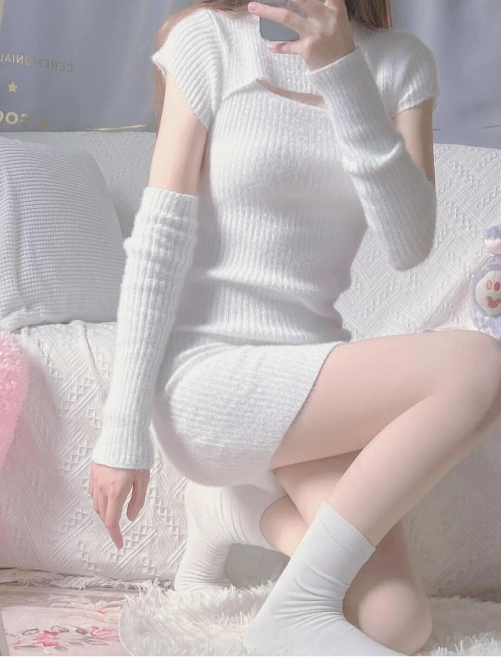 リブニット袖付きミニワンピース