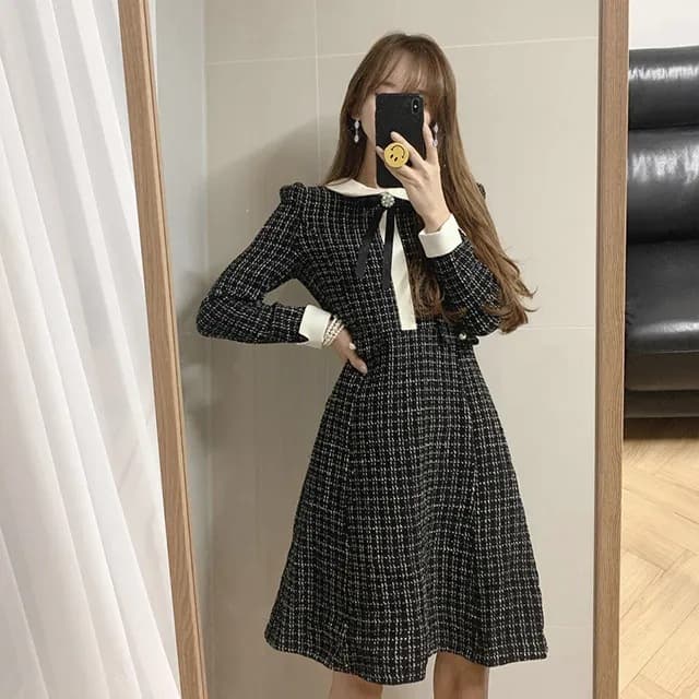 リボン付きツイードミニワンピース