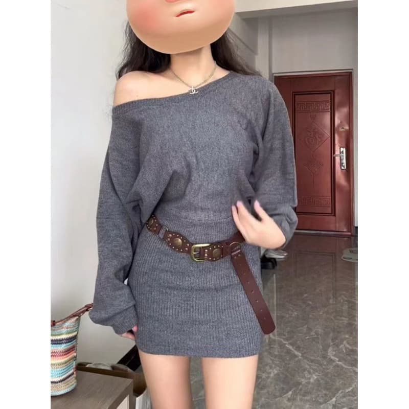ミニワンピース ゆるふわニットオフショルダー(ベルト付き)