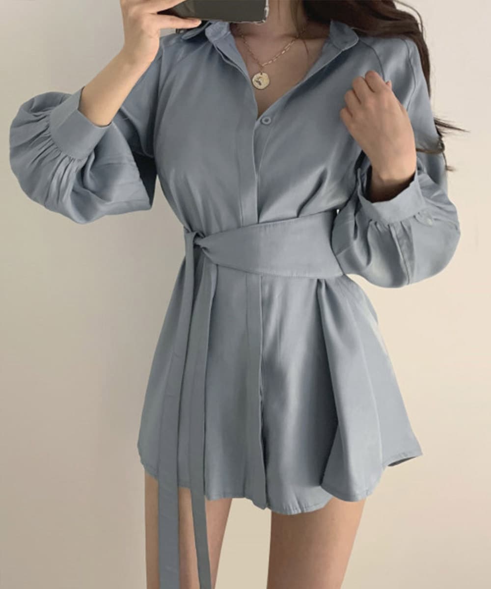 ミニワンピース ボリューム袖シャツワンピース韓国風長袖レディース