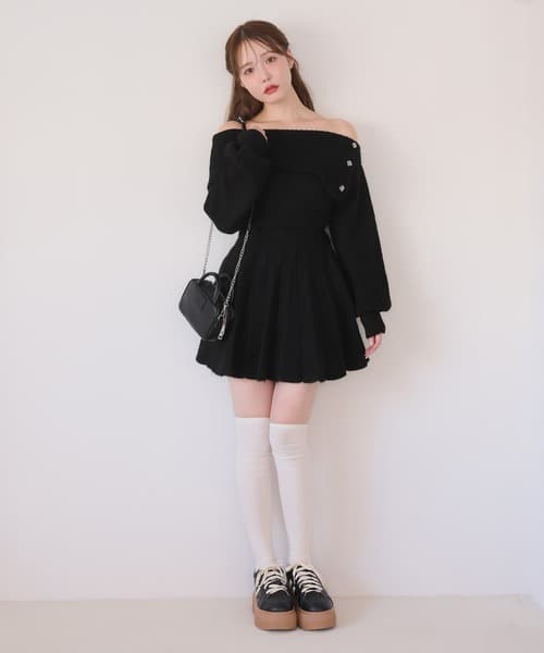 ミニワンピース ニットプリーツ ミニリボンワンピース