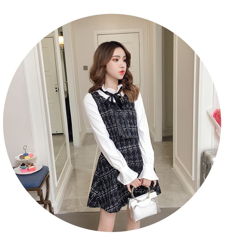 ミニワンピース ツイード調首元リボン