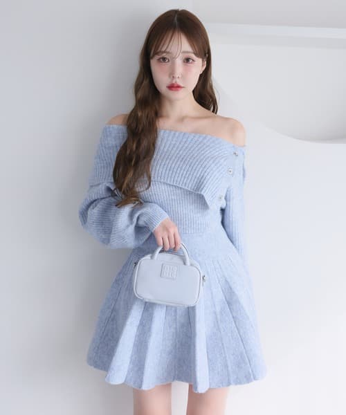 ミニワンピース ニットプリーツ ミニリボンワンピース