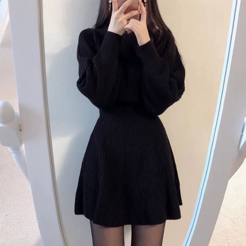優美リブ編みフレアニットミニワンピース