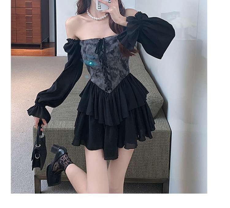 ミニワンピース レース編み上げミニフレアワンピース