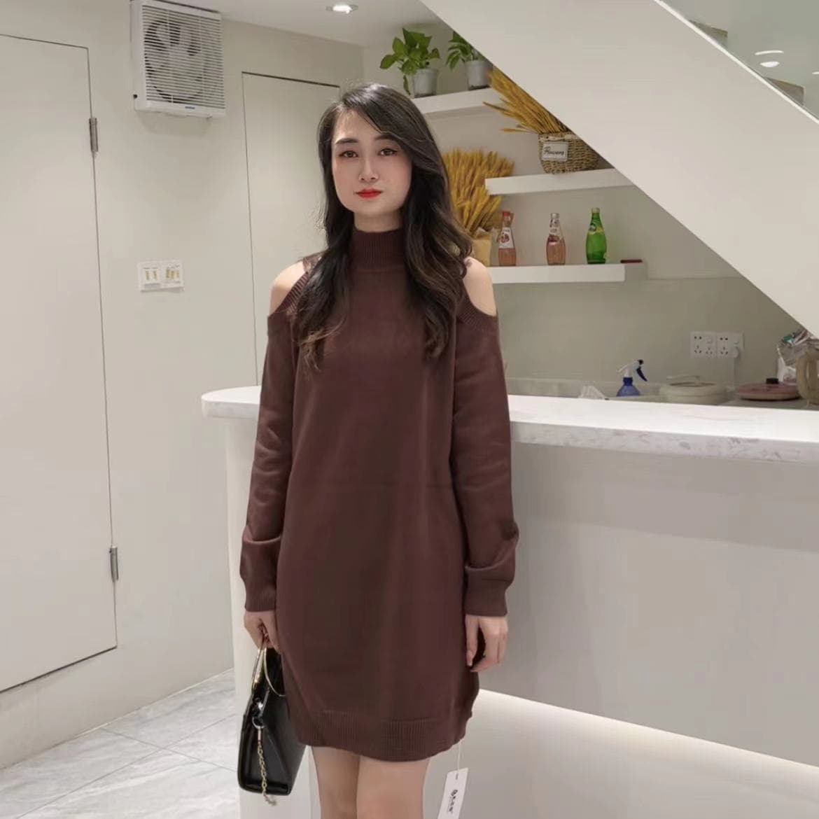 シースルーショルダー タートルニットミニワンピース