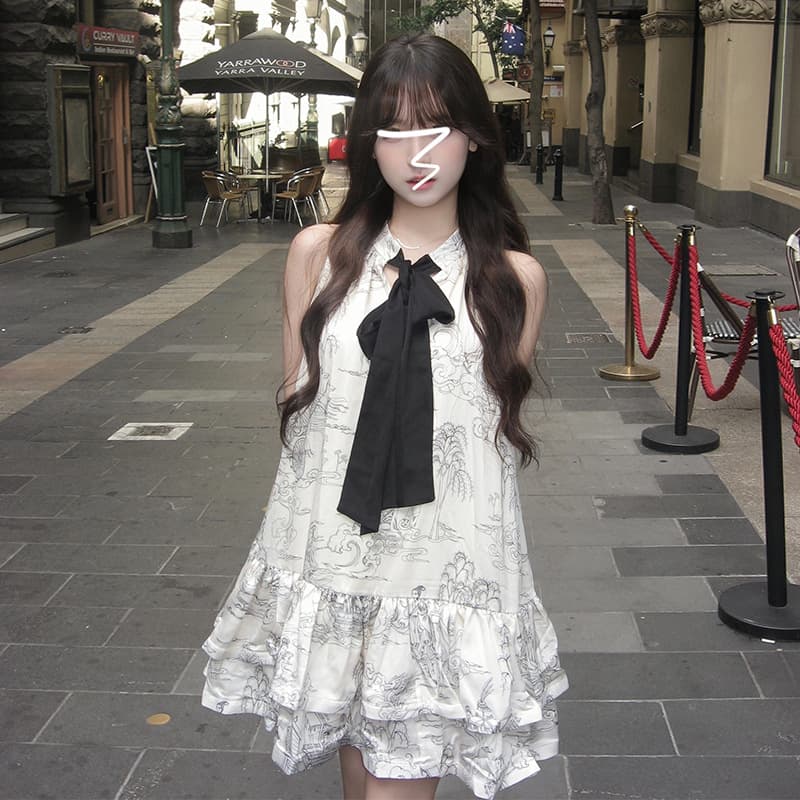 優美な花柄リボン ノースリーブミニワンピース
