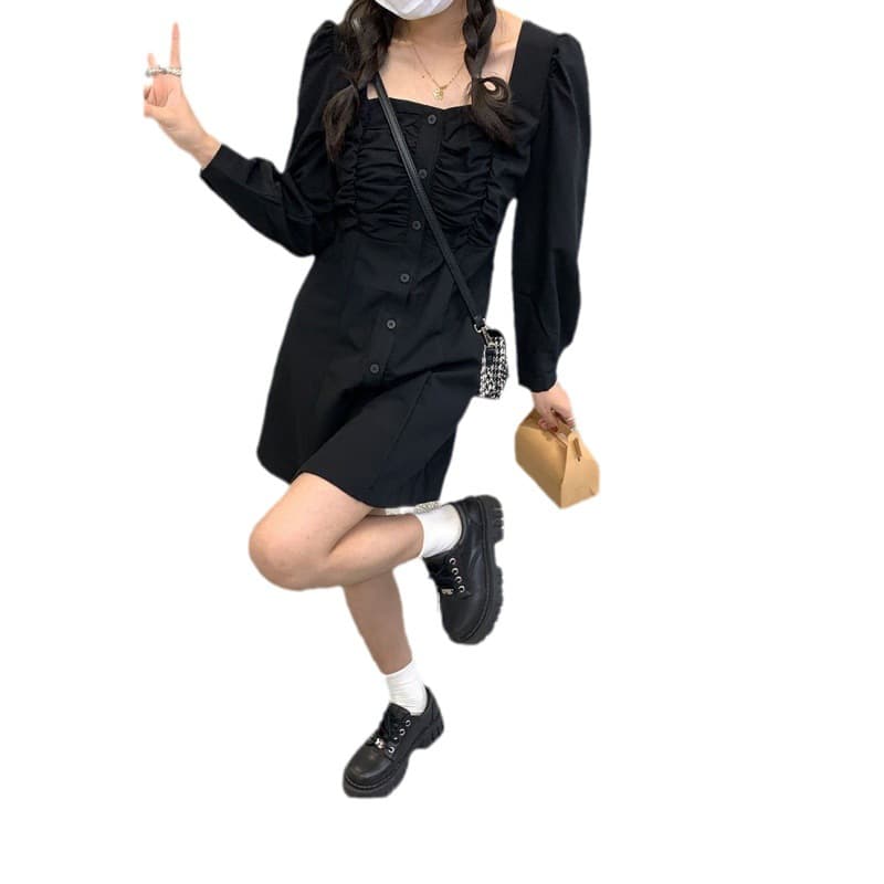 ミニワンピース 胸元ギャザーボタン フレアミニワンピース