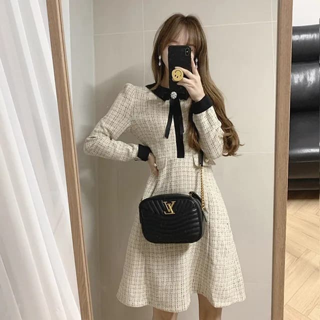 リボン付きツイードミニワンピース