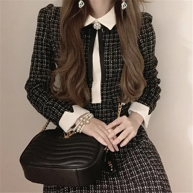 リボン付きツイードミニワンピース