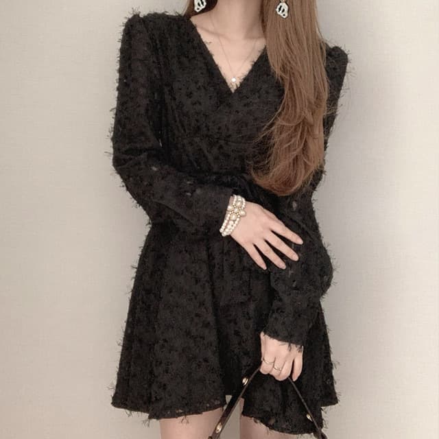 韓国風 Vネックふわもこ フェアリー フレアミニワンピース