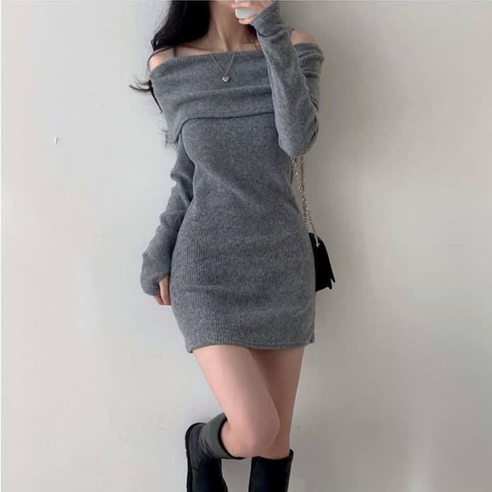 オフショルダー リブニット ミニワンピース