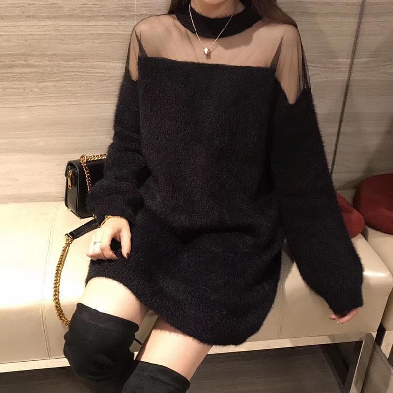 モコモコ肩魅せオフショルダー ニットミニワンピース