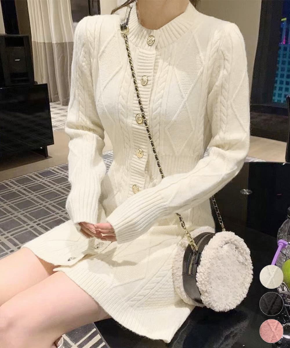 ミニワンピース ケーブル編みニットワンピース ボタン付きミニ丈