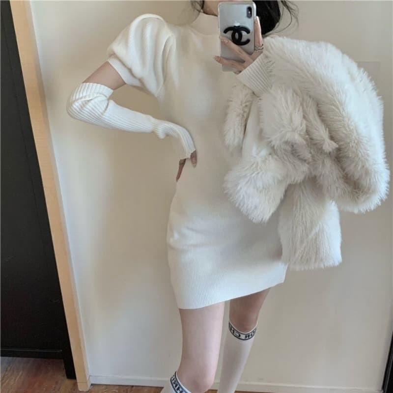 パフスリーブリブニットミニワンピース