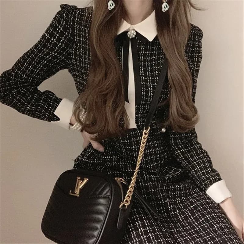 リボン付きツイードミニワンピース
