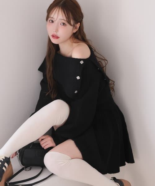 ミニワンピース ニットプリーツ ミニリボンワンピース